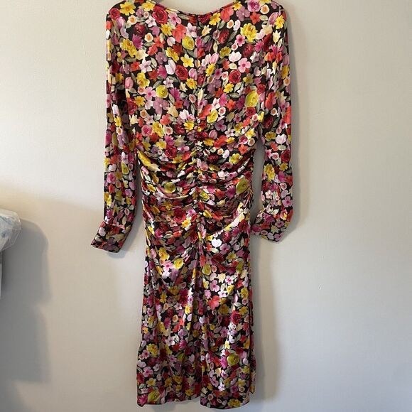 NWT GANNI Ruched Floral-Print Silk-Blend Satin Midi Dress Size 36 - Picture 10 of 12
